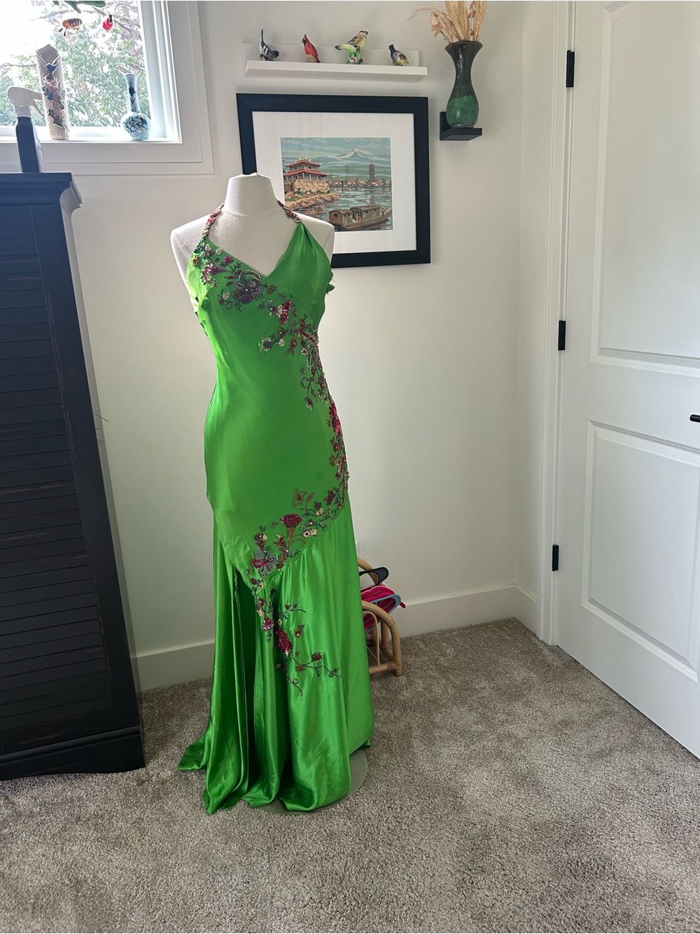 Y2K Vtg TERANI COUTURE sz 6 Beaded Silk Halter Neck Fairy Gown Long Dress FLAWS